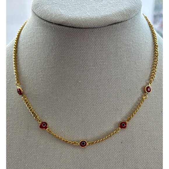 Gold Chain Necklace With Red & Black Evil Eye Charms Adjustable Length Dainty & - Picture 2 of 5